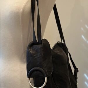 Trask Black Leather Shoulder Bag with Silver Ring Detail
